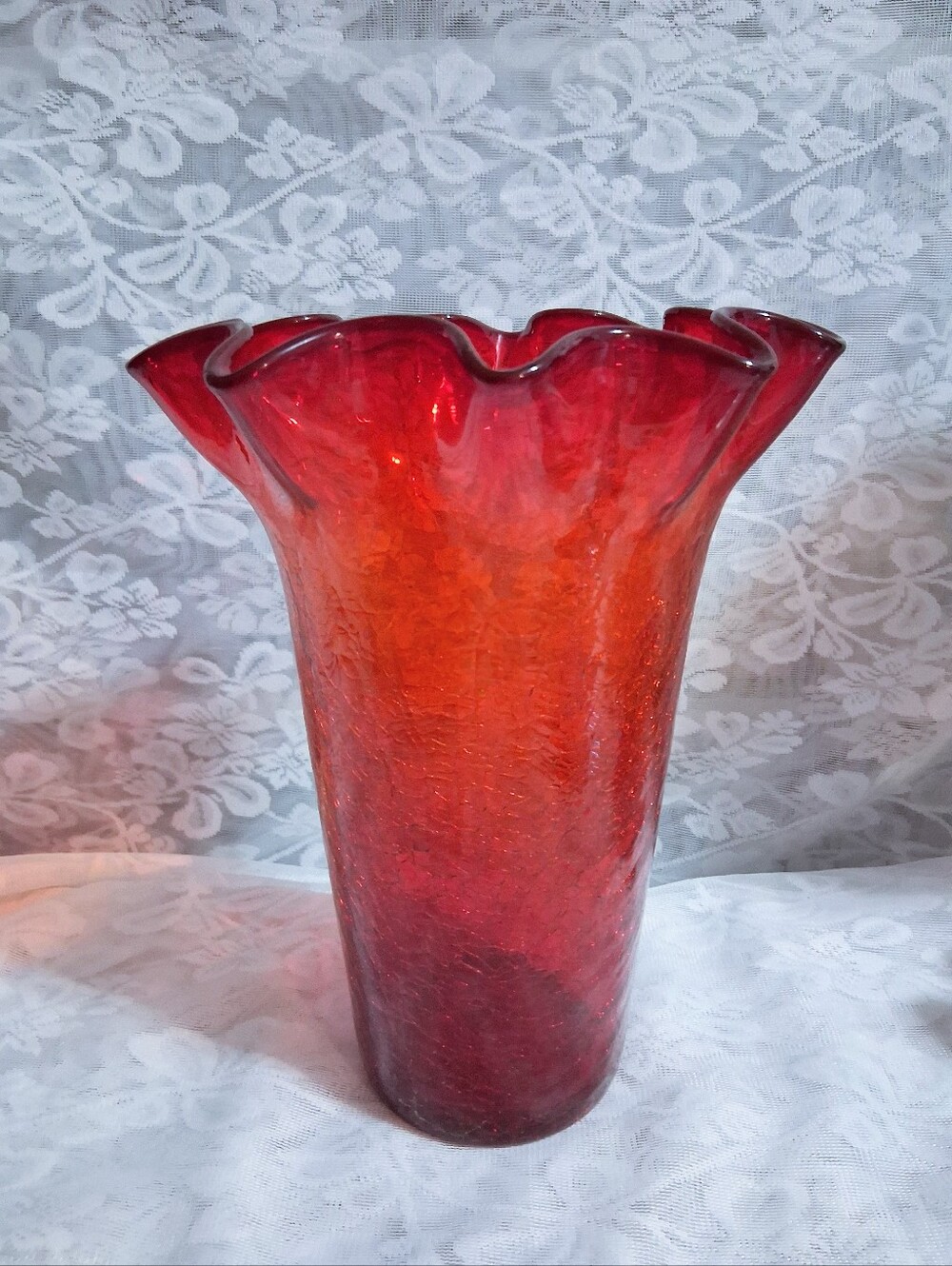 Vintage Blenko 10.5" Vase Tangerine Crackle Glass Fluted Flared Edge MCM Art